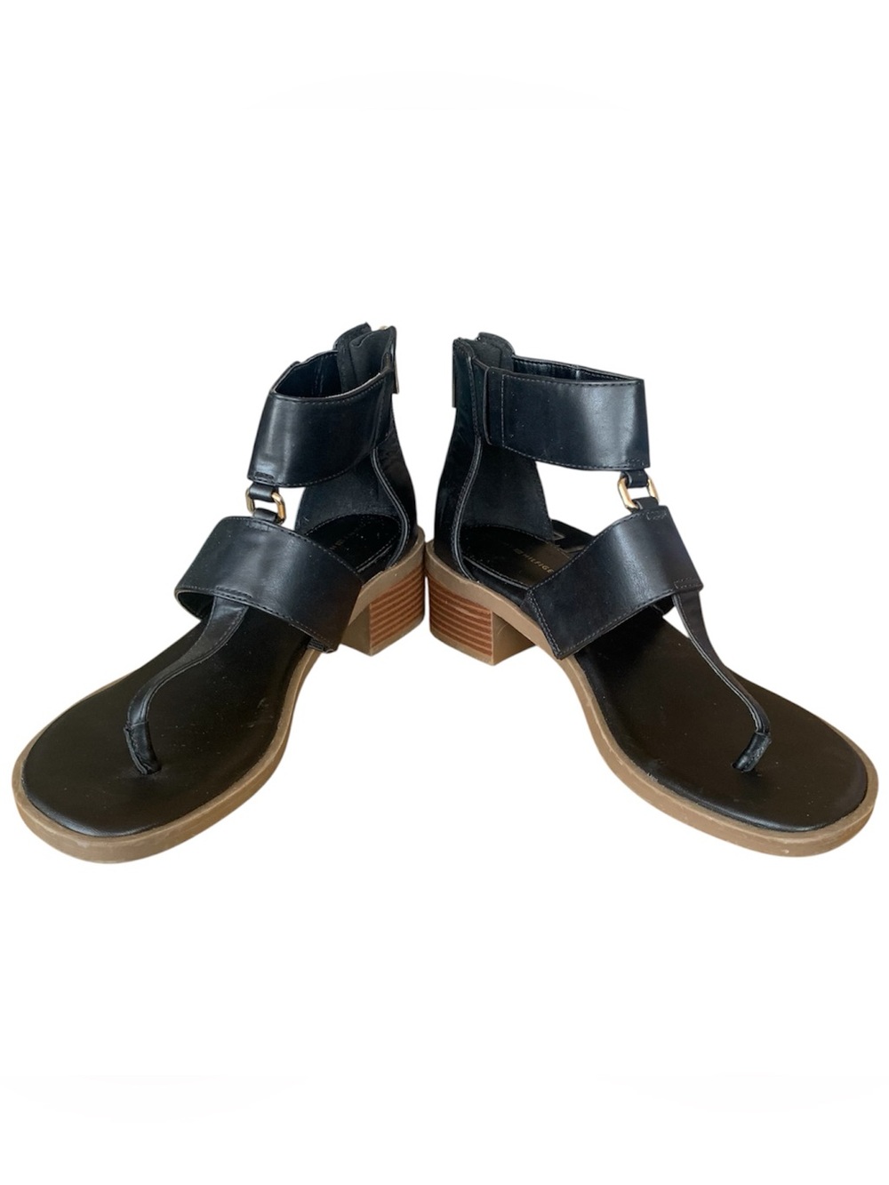 Tommy Hilfiger Black Obell T-Strap Opened Toe Block Heeled Leather Sandal